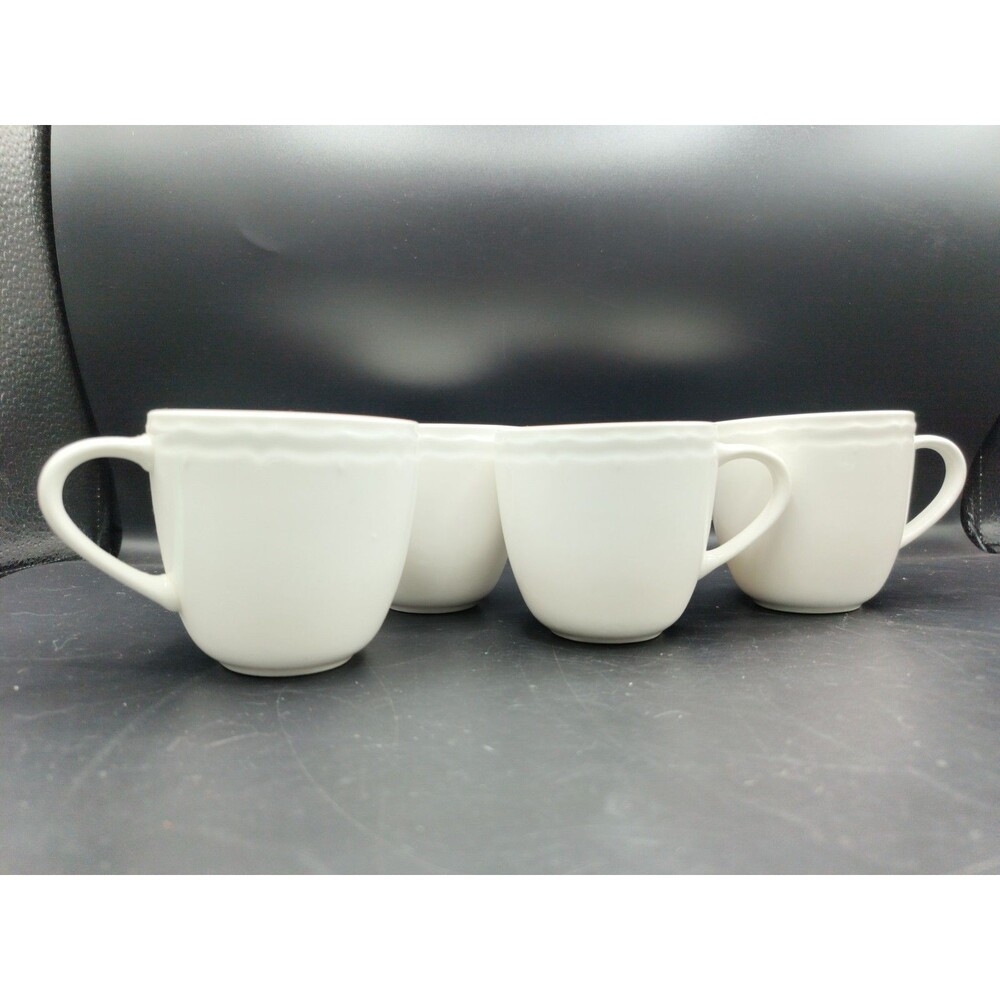 Set of 4 Gibson White Coffee Cups with Bordered Top Pattern 3in tall